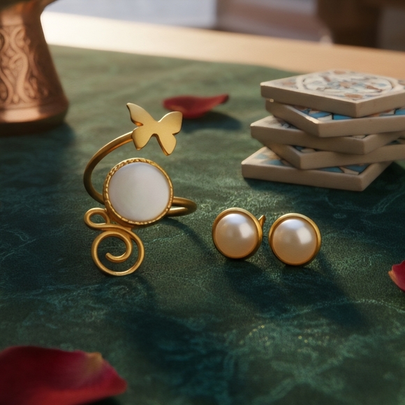 ποΈTurkish Artisan 24K Gold Plated & Pearl Ring + Earrings Set π Adjustable - Picture 7 of 13